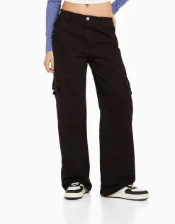 BERSHKA Pantalon straight cargo sergé taille élastique Bleu clair Sale