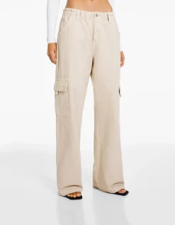 BERSHKA Pantalon straight cargo sergé taille élastique Bleu clair Sale