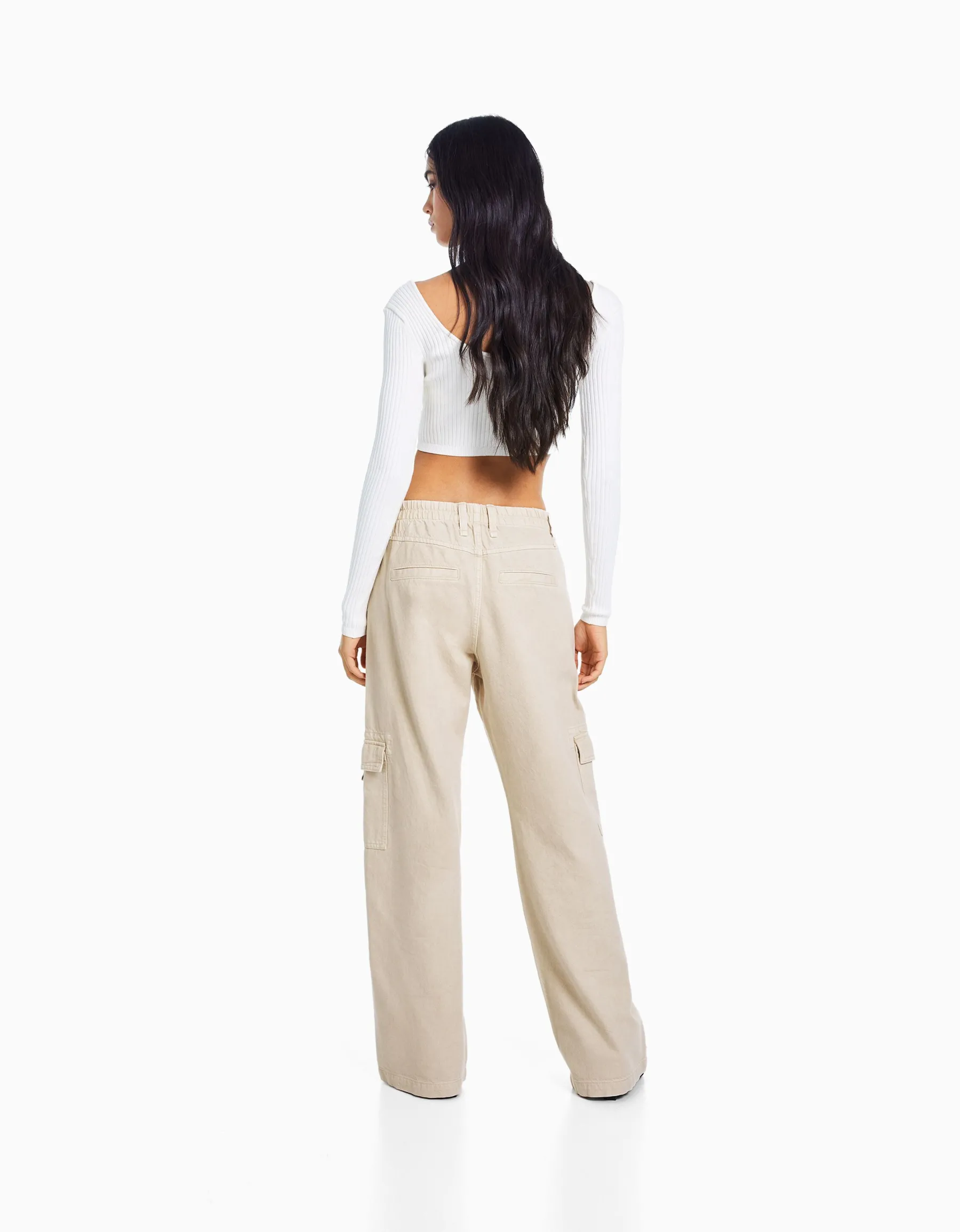 BERSHKA Pantalon straight cargo sergé taille élastique Bleu clair Sale
