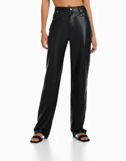BERSHKA Pantalon straight slim similicuir Noir Discount