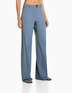 BERSHKA Pantalon tailoring wide leg passants Marine New