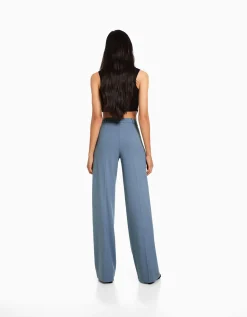 BERSHKA Pantalon tailoring wide leg passants Marine New