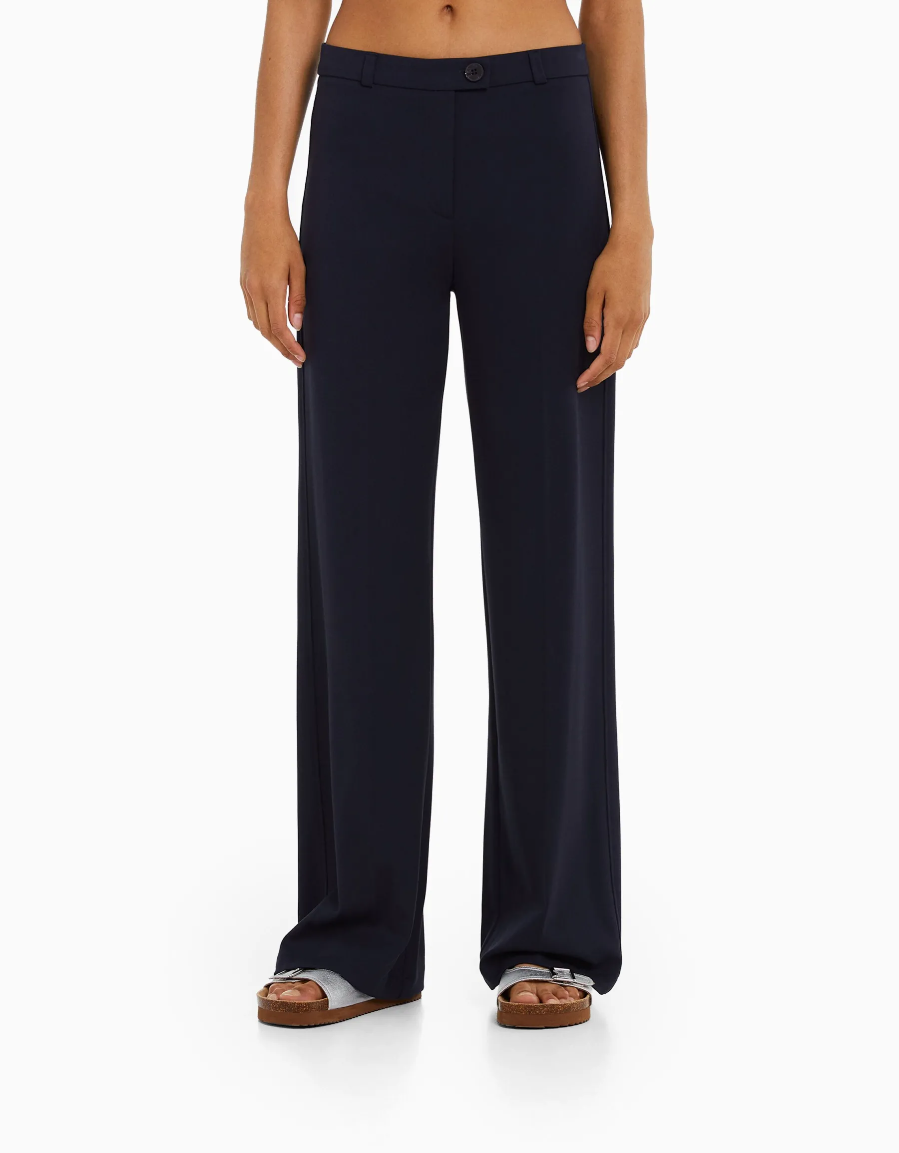 BERSHKA Pantalon tailoring wide leg passants Marine Shop