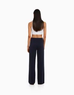 BERSHKA Pantalon tailoring wide leg passants Marine Shop