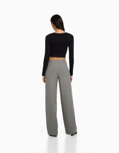 BERSHKA Pantalon tailoring wide leg passants Marine New