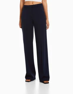 BERSHKA Pantalon tailoring wide leg passants Marine Best
