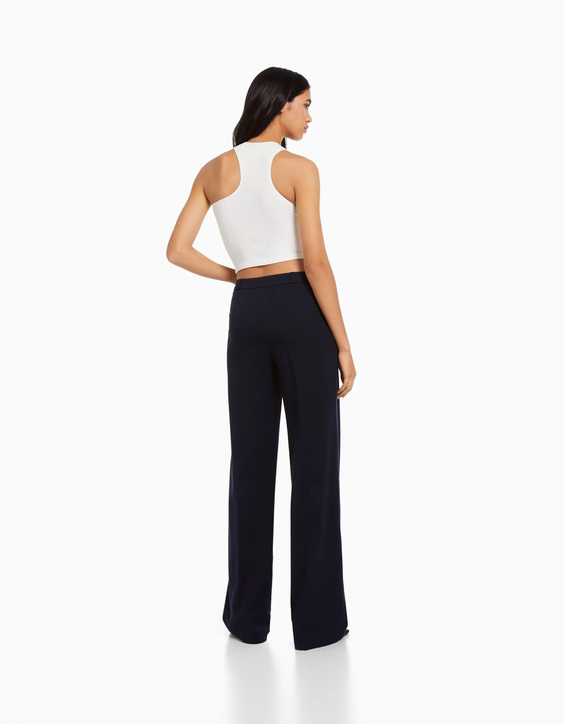 BERSHKA Pantalon tailoring wide leg passants Marine Best