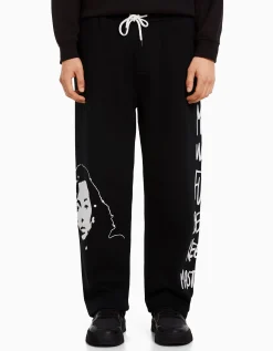 BERSHKA Pantalon wide leg molleton taille élastique imprimé Noir Cheap