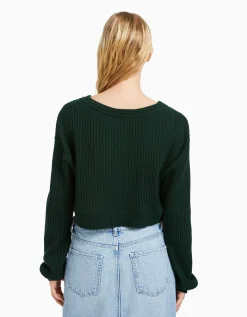 BERSHKA Pull à col en V Noir Shop