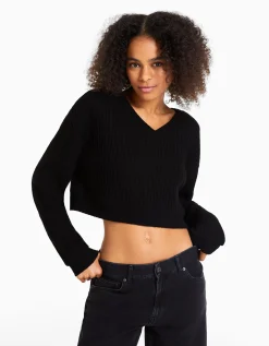 BERSHKA Pull à col en V Noir Best Sale