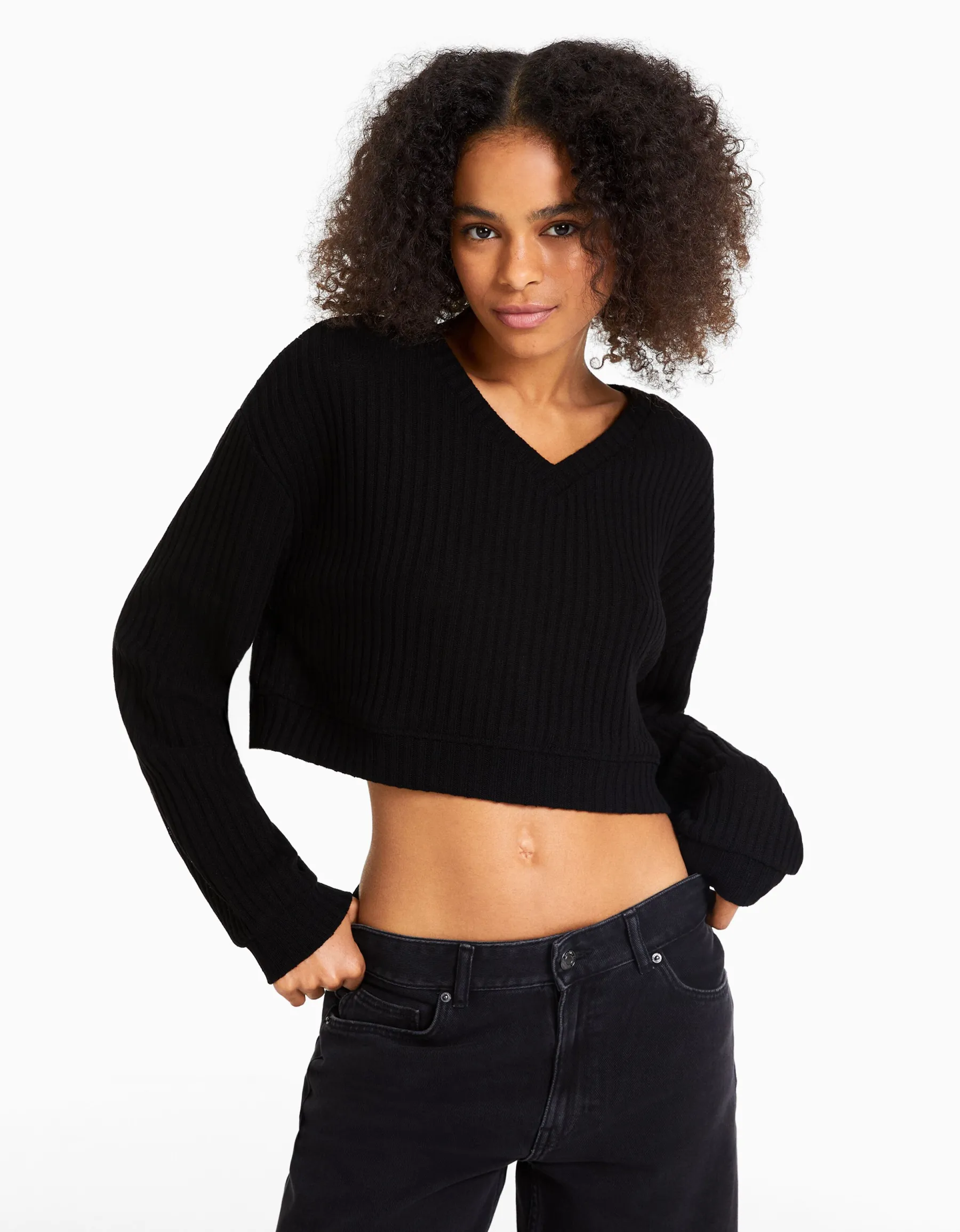 BERSHKA Pull à col en V Noir Best Sale