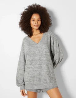 BERSHKA Pull à col en V Bleu Cheap