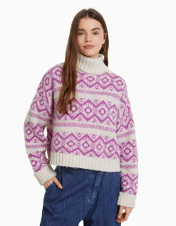 BERSHKA Pull à col montant en jacquard Rose Discount