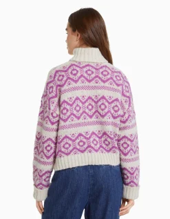 BERSHKA Pull à col montant en jacquard Rose Discount