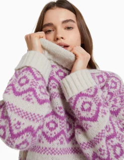 BERSHKA Pull à col montant en jacquard Rose Discount