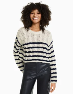 BERSHKA Pull à col rond à torsades Bleu Store