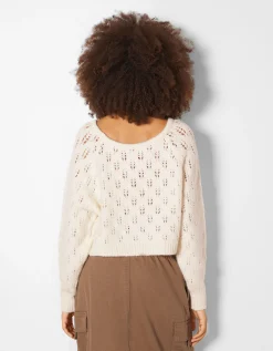 BERSHKA Pull ajouré Écru Clearance