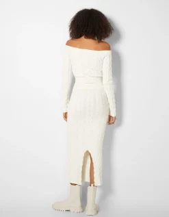 BERSHKA Pull Bardot tressé Écru Sale