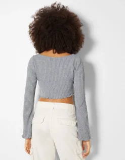 BERSHKA Pull bord-côte Écru Hot