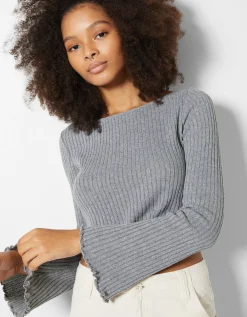 BERSHKA Pull bord-côte Écru Hot
