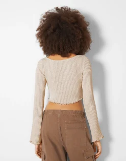 BERSHKA Pull bord-côte Écru Store