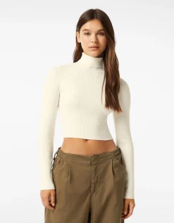 BERSHKA Pull bord-côte col roulé Noir Hot