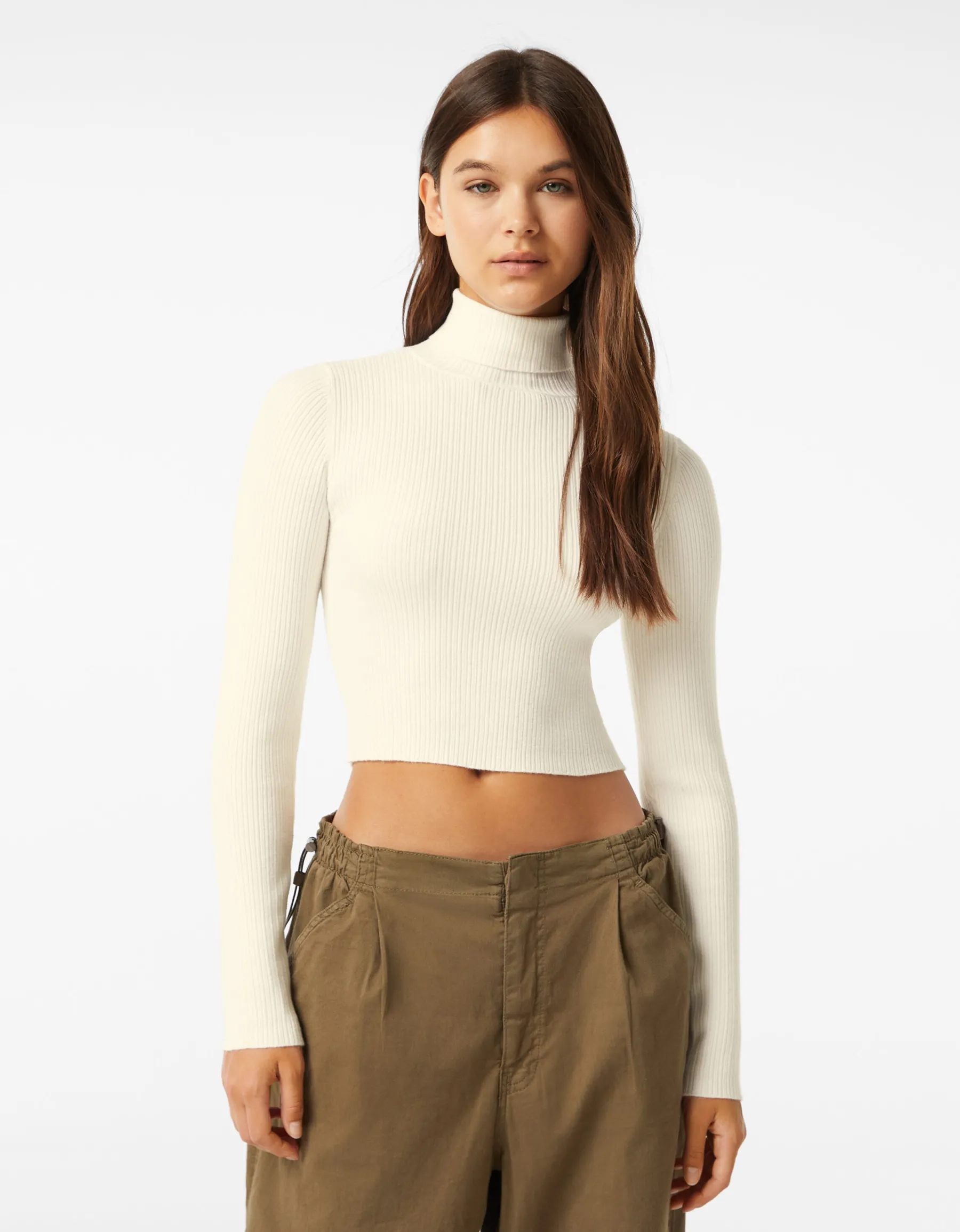 BERSHKA Pull bord-côte col roulé Noir Hot