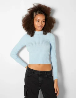 BERSHKA Pull bord-côte col roulé Noir Cheap
