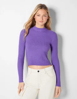 BERSHKA Pull bord-côte col roulé Noir Store