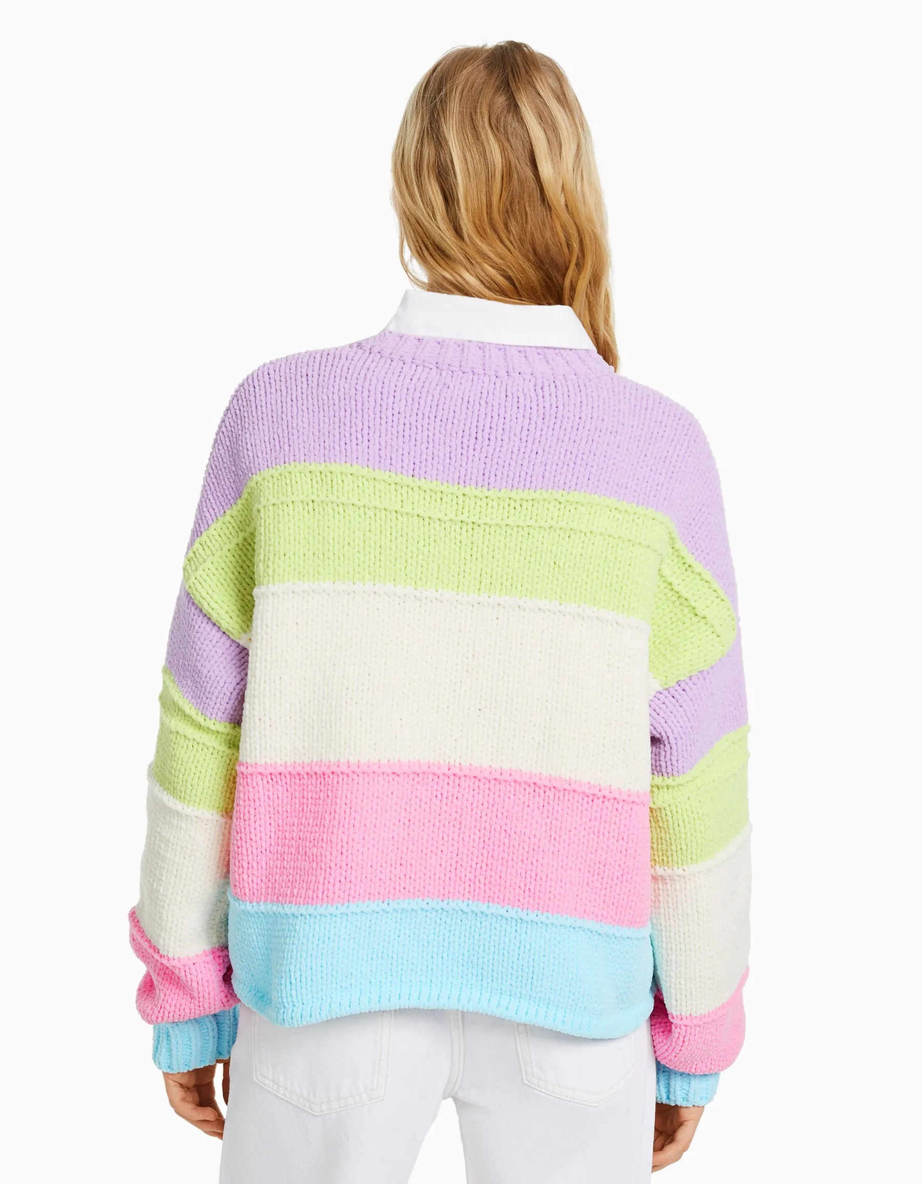 BERSHKA Pull chenille rayures multicolores Violet Discount