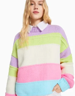 BERSHKA Pull chenille rayures multicolores Violet Discount