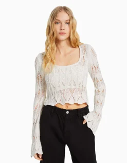 BERSHKA Pull col carré ajouré Écru New