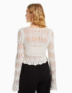 BERSHKA Pull col carré ajouré Écru New