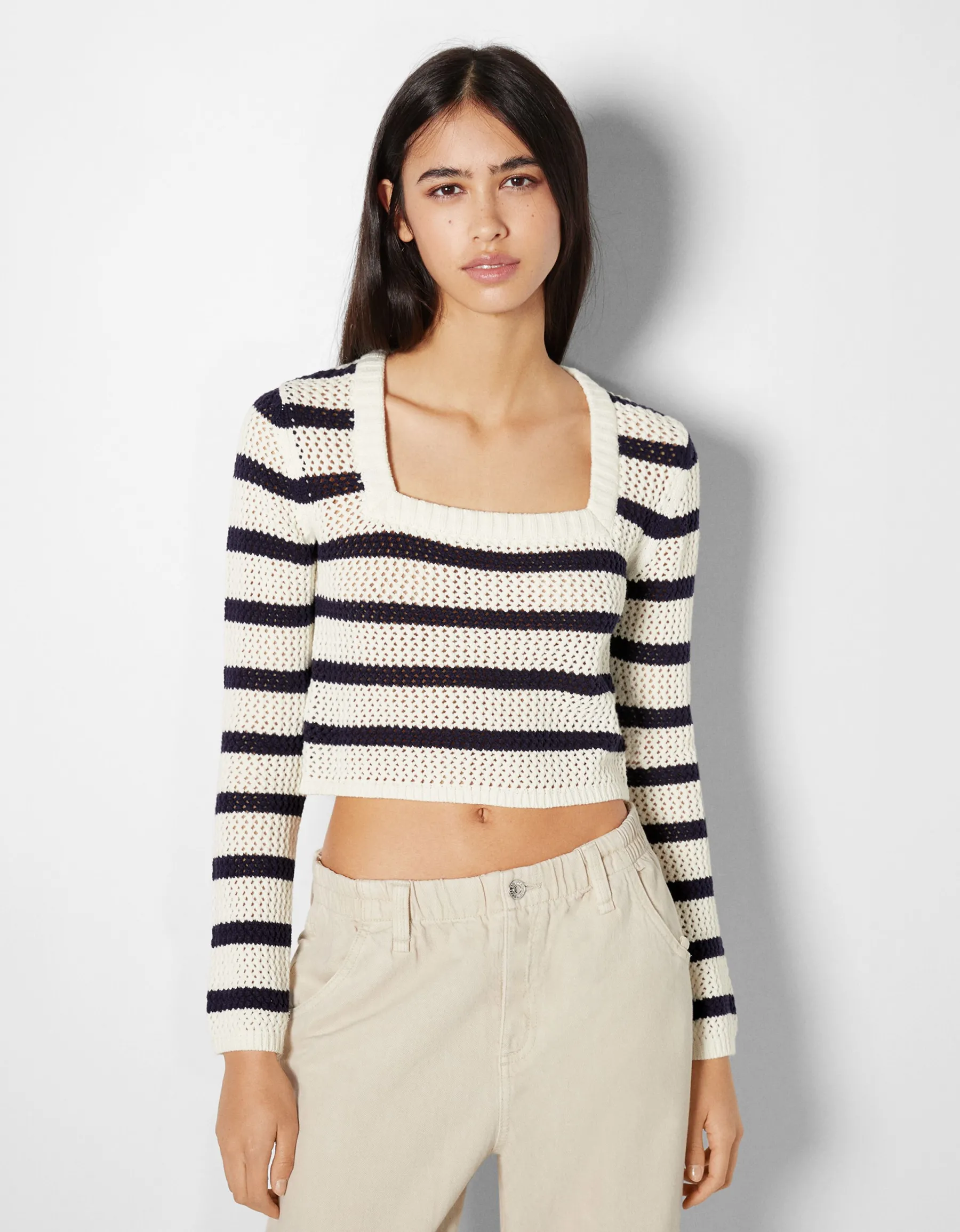 BERSHKA Pull col carré rayures Écru Hot