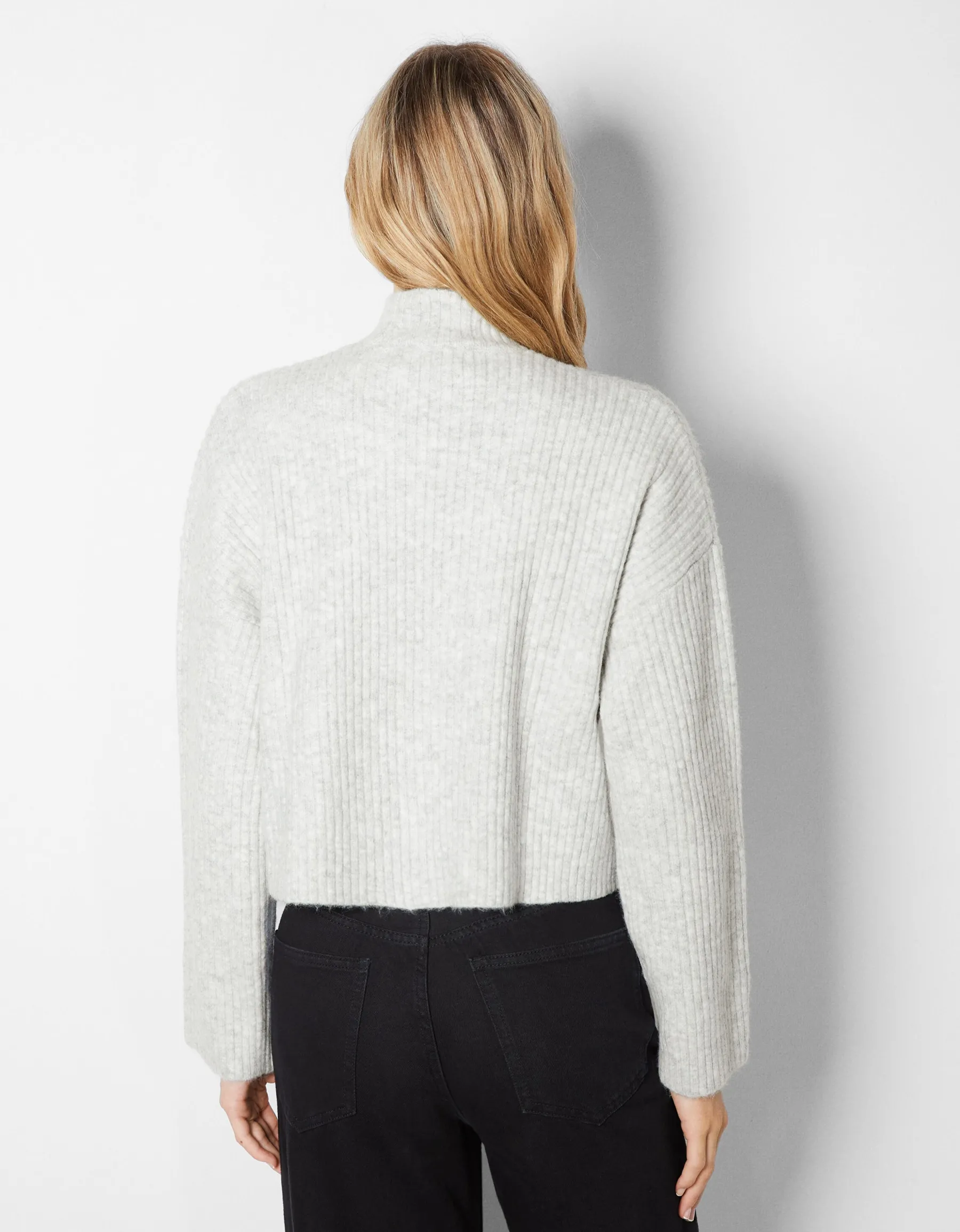 BERSHKA Pull col montant bord-côte Sable Cheap