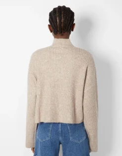 BERSHKA Pull col montant bord-côte Sable Clearance