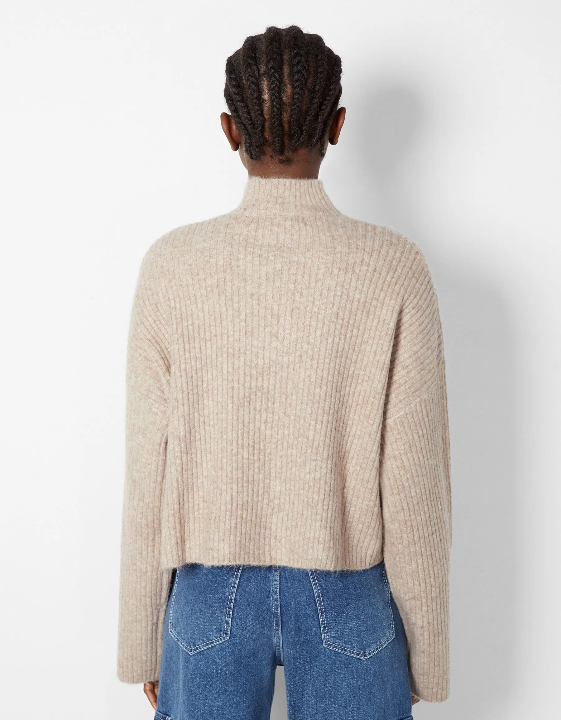 BERSHKA Pull col montant bord-côte Sable Clearance