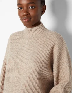 BERSHKA Pull col montant bord-côte Sable Clearance