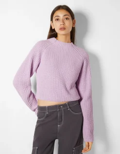 BERSHKA Pull col montant chenille Violet Best