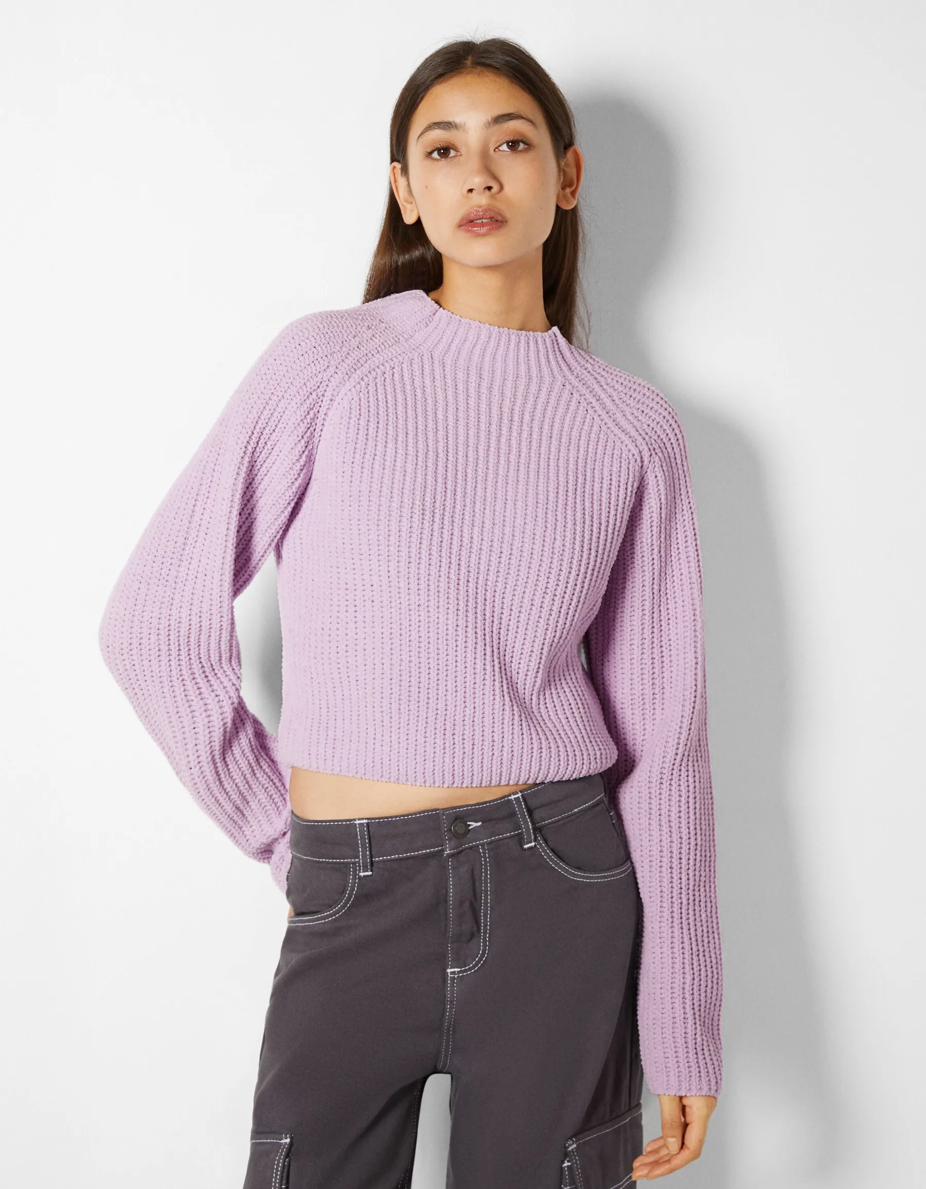BERSHKA Pull col montant chenille Violet Best
