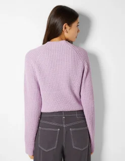 BERSHKA Pull col montant chenille Violet Best
