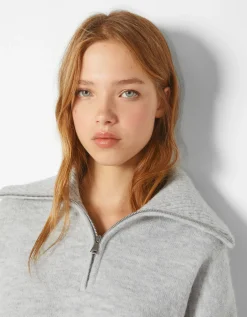 BERSHKA Pull col montant fermeture éclair Gris Cheap