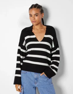 BERSHKA Pull col polo Noir Outlet