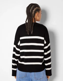 BERSHKA Pull col polo Noir Outlet