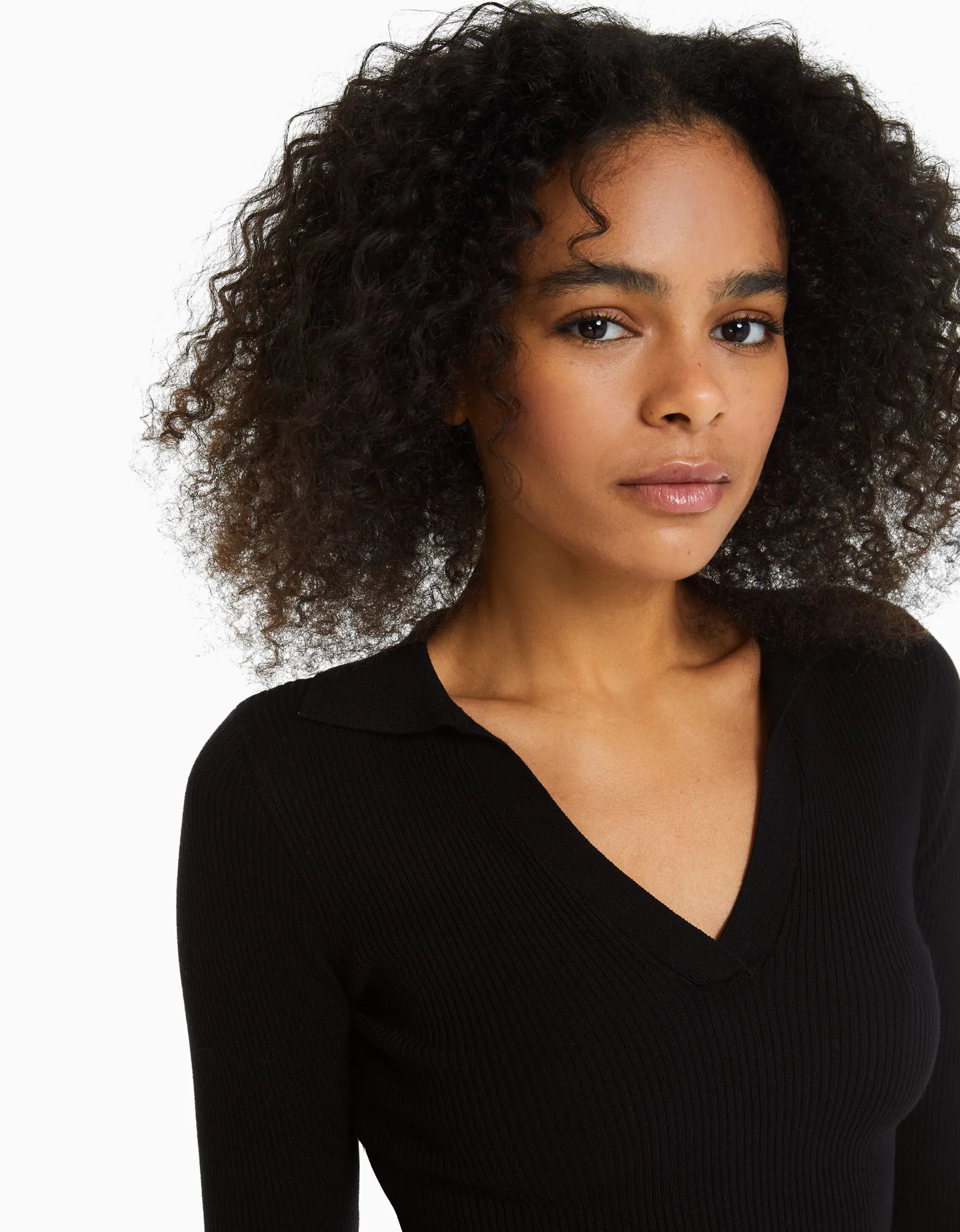 BERSHKA Pull col polo bord-côte Blanc Shop