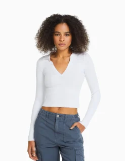 BERSHKA Pull col polo bord-côte Blanc Best