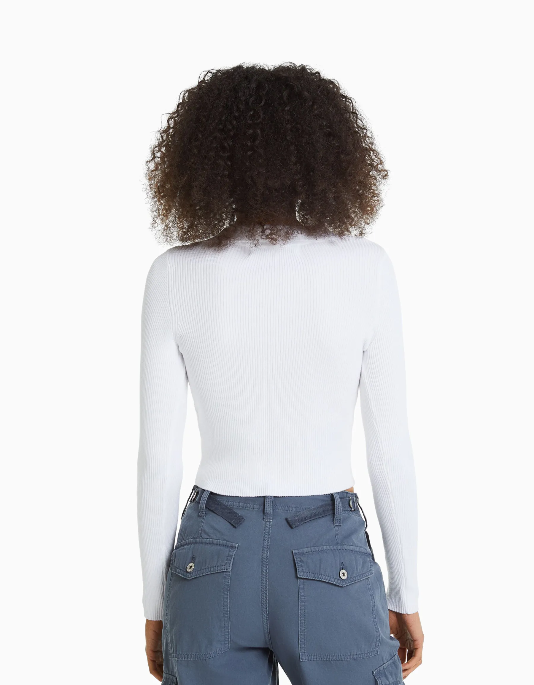 BERSHKA Pull col polo bord-côte Blanc Best