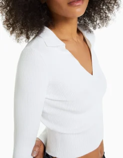 BERSHKA Pull col polo bord-côte Blanc Best