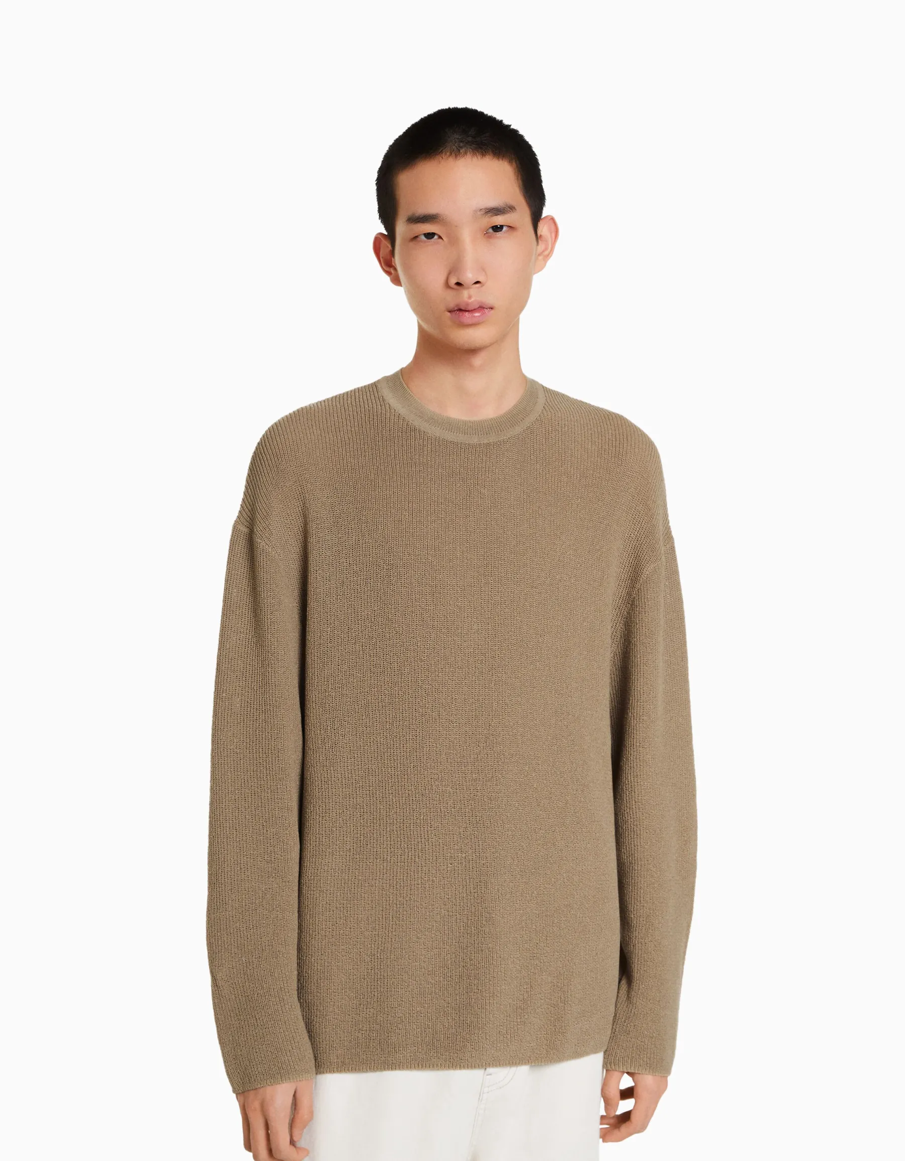 BERSHKA Pull col rond Vert Online