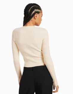 BERSHKA Pull col rond Écru Discount